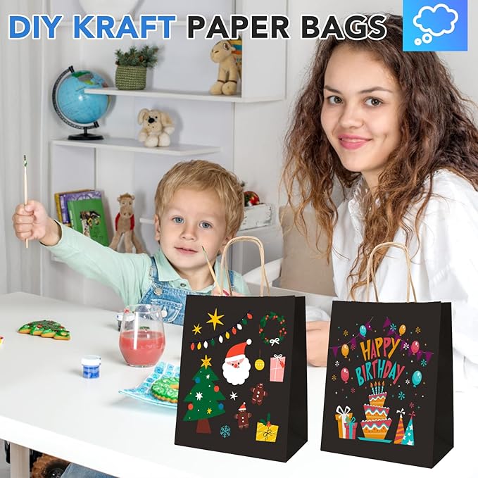 XPCARE 200Pack Paper Bags 8x4.5x10 Inch, Plain Medium Paper Bags with Handles Bulk, Kraft Paper Gift Bag, Retail, Party, Shopping, Favor Bag(Black)