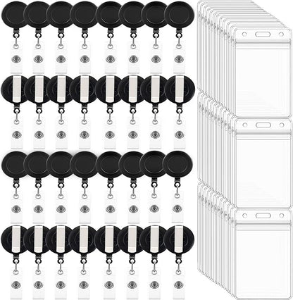 100 Pack Retractable Badge Reel Clips with 100 Pack Vertical ID Card Holders Retractable Badge Holders with Clip ID Badge Clips with Name Card Holder for Nurses Office School,Black