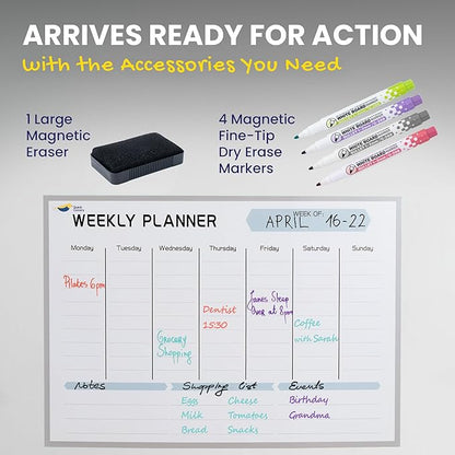 Magnetic Weekly Planner for Fridge - 17x12” Stain-Resistant Dry Erase Whiteboard Fridge Calendar with Large Writing Space for Schedules, Chores & Meals - Includes 4 Markers & Eraser