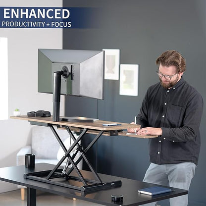 VIVO 42 inch Desk Converter, K Series, Height Adjustable Sit to Stand Riser, Dual Monitor and Laptop Workstation with Wide Keyboard Tray, Reclaimed Wood Top, Black Frame, DESK-V042KP