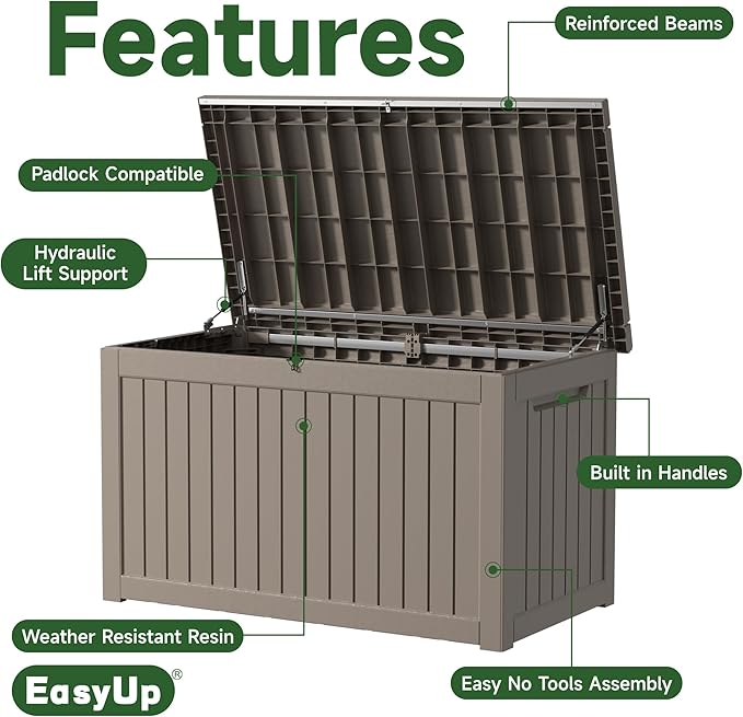 EasyUp 280 Gallon Deck Boxes Waterproof, Outdoor Large Storage Boxes with Lids, Outside Resin Storage Box & Deck Boxes for Patio, Garden Use(Gray)