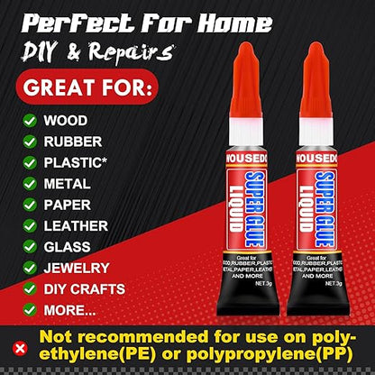 WOUSEDO 48 X 3g Super Glue Liquid, Clear Strong Adhesive,Fast Drying Cyanoacrylate Glue for Wood, Rubber, Leather, Hard Plastic, Metal, DIY Crafts and More