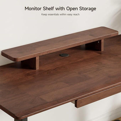 ONBRILL Standing Desk with Drawer, 55x23.6 Inches Solid Wood Desktop Stand Up Desk with Whole-Piece Board and Storage Shelf, Adjustable Height from 28-46 Inches for Home & Office, Black Walnut
