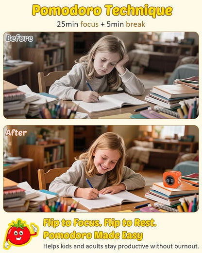 Digital Pomodoro Timer Cube 5/10/25/50min, Visual Productivity Flip Timer for Kids Classroom Desk, Custom Countdown, Silent and Sound Mode for ADHD Study Work Game Kitchen (Orange)
