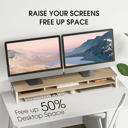 Fenge Dual Monitor Stand for Desk, 42.5in Large Monitor Riser for 2 Monitors, 2 Tier Computer Office Desk Top Shelf, Desktop Storage Stand for Laptop, PC, Computer, Printer