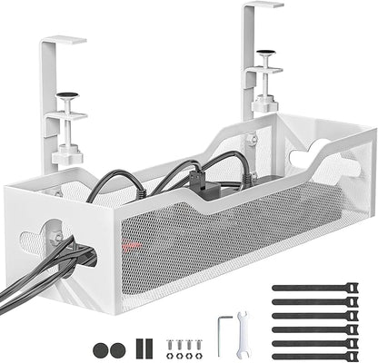Under Desk Cable Management Tray White, Litwaro Cable Management Under Desk No Drill, Cable Organizer with Clamp for Wire Management, Cord Organizer for Office, Home No Damage to Desk