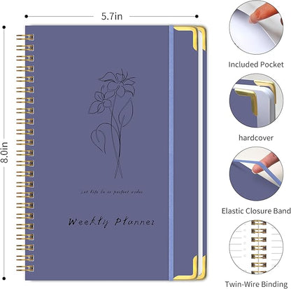 Undated Weekly Planner with Metal Corner Hardcover Notebook , A5 Size Journal with To Do List Planner, Habit Tracker,Weekly Goals for ADHD,Student, Office, Women, Men ,Gifts,6 x 8 inches，Spiral Bindding ,Purple