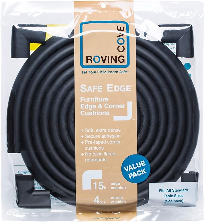 Roving Cove HeftyFit Edge Corner Protector Baby Proofing (Large 15ft Edge 4 Corners), Heavy-Duty, Soft NBR Rubber Foam, Furniture Fireplace Safety Bumper Guard, 3M Adhesive, Onyx Black