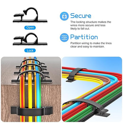 XHF 30pcs Adhesive Cable Wire Clips Kit Black, Outdoor Cable Management Wire Organizer Cord Holder for Under Desk, Car, Wall, TV PC Ethernet Cable
