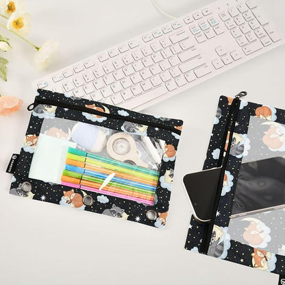 Emelivor Cute Fox Clouds Pencil Pouch for 3 Ring Binder 2 Pcs Binder Pouches with Zipper Pocket Pencil Case Bag with Clear Window for Storing College Office Supplies