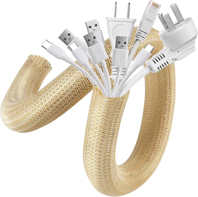 AGPTEK Cable Sleeve Cover, 10ft - 1.5 inch Desk Cord Organizer Cable Hider, Home Office Wire Management Computer TV Wire Loom Tubing, Pet Proof Cord Protector, from Cat Dog Chewing, Wood Color