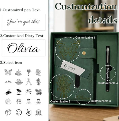 Personalized Leather Journal Gift Set with Gift Box, Custom A5 Notebook & Pen Set, Leather Bound Writing Diary for Men Women, Travel Work School Gifts