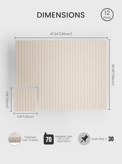 Bumusty Large Cork Board Alternative-47 x35 Felt Bulletin Board Tiles, with 30 Pushpins, 70 Adhesive Tabs, 12-Pack Slat Wall Paneling, Cork Boards for Office Push Pin Board Felt Board-Oatmeal
