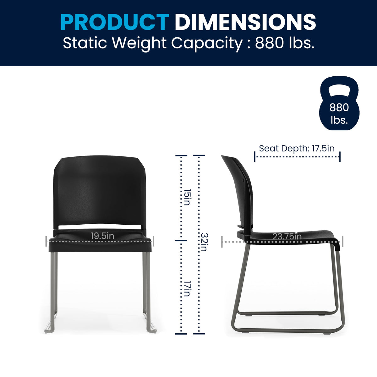 880 lb. Capacity Black Full Back Contoured Stack Chair with Gray Powder Coated Sled Base
