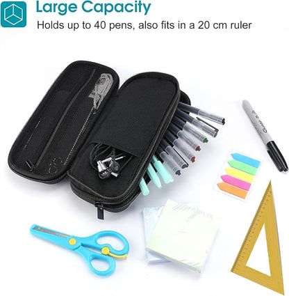 ProCase 2-Layer Hard Pencil Case, Large Capacity Storage Box Pouch, Black | Stationery Holder Organizer with Zipper Fits Pens Desk Office & School Supplies