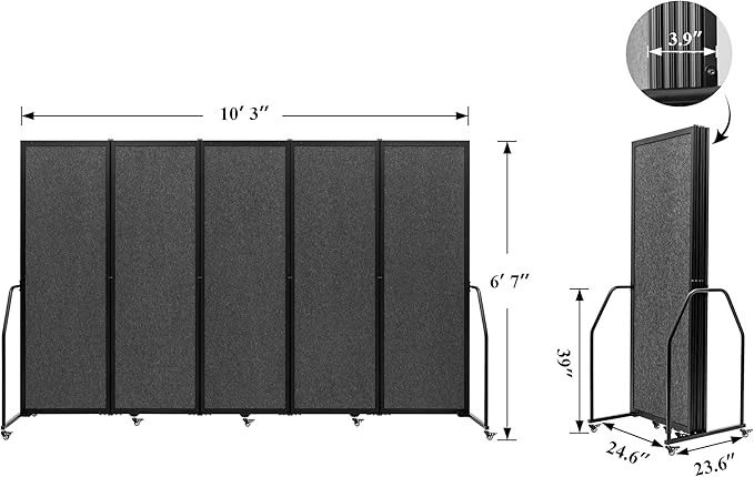 Artigwall Folding Privacy Screens Freestanding partition with Wheels and arms Portable dividers for Medical Hospital Offices 5 Panel, Dark Gray