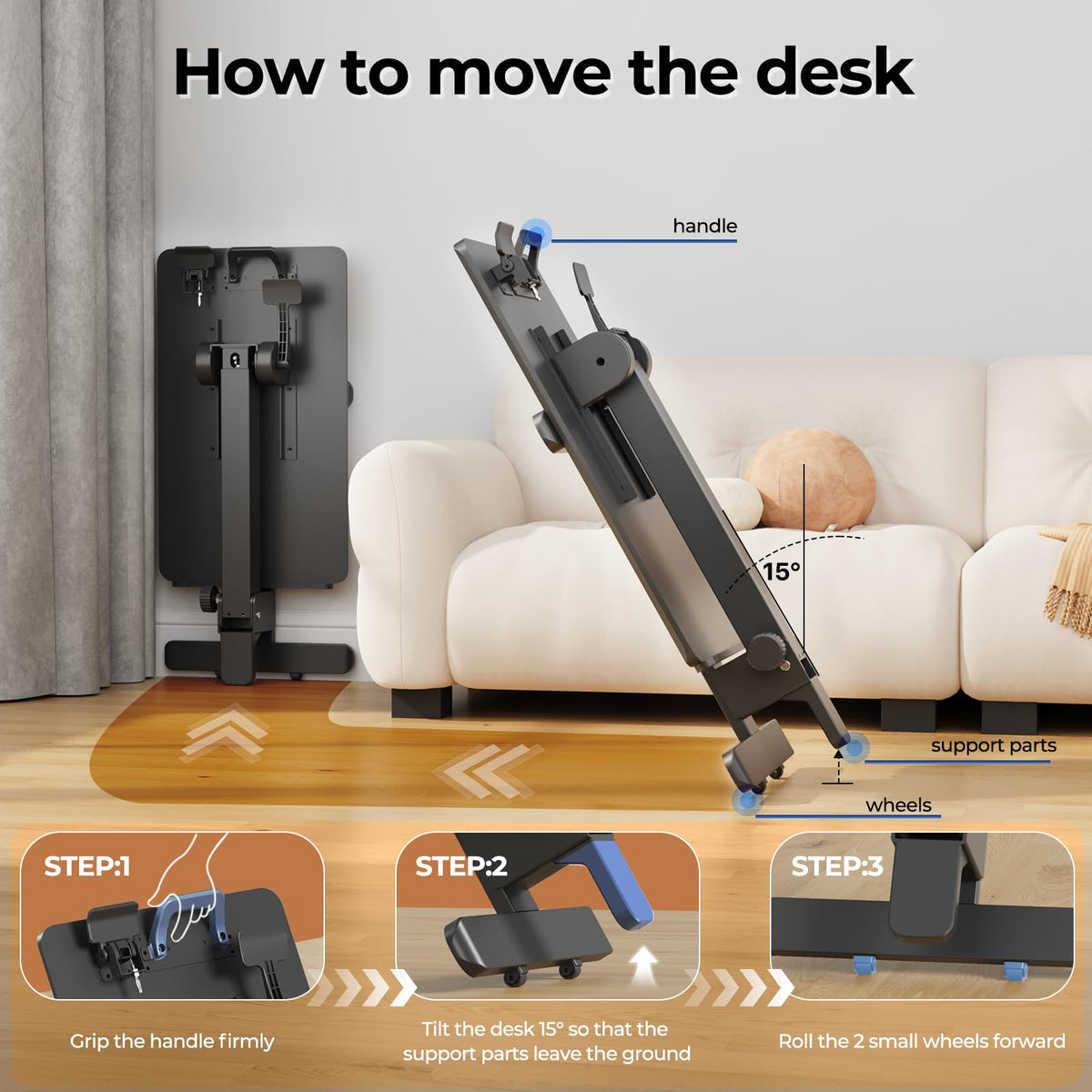 Foldable Mobile Standing Desk, 27 Inch Small Rolling Laptop Cart Height Adjustment, 90° Tiltable Sofaside Table, No Assembly Needed Portable Computer Workstation, Black