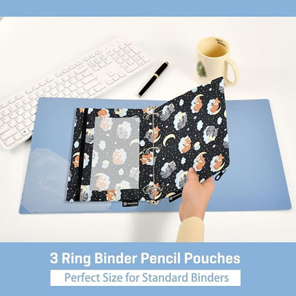 Emelivor Cute Fox Clouds Pencil Pouch for 3 Ring Binder 2 Pcs Binder Pouches with Zipper Pocket Pencil Case Bag with Clear Window for Storing College Office Supplies