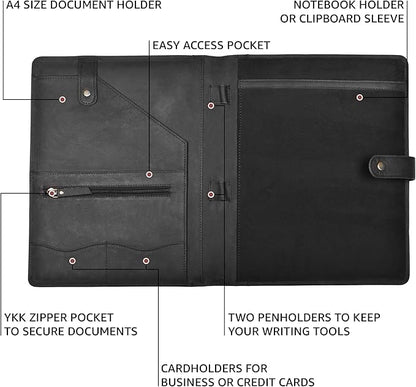 Leather Village Leather Portfolio Organizer - Professional Business Padfolio for Men & Women - Stylish Document Card Holder, Resume Folder, Folio for A4/Letter Size Writing Legal Pad, Black