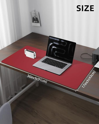 PU Leather Desk Pad Protector - 36"x17" Large Non-Slip Desk Mat, Waterproof Office Desk Blotter for Keyboard & Mouse, Premium Workstation Cover for Home & Office (Red)