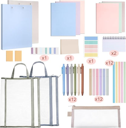 Colarr 54 Pcs Aesthetic College School Supplies Back to School Set,Morandi | 3 A5 + 3 B5 Lined Notebook, 12 Gel Pen, 12 Pencil, 12 Highlighter, Sticky Tabs, Folder Storage Bag, Journal Stationery Set