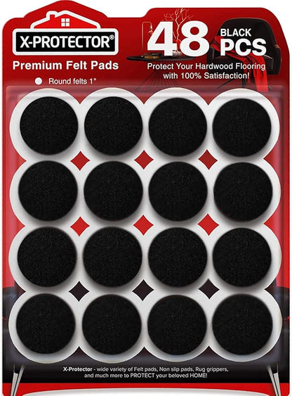 Felt Furniture Pads X-Protector - 48 PCS 1" - Premium Felt Pads Floor Protectors - Furniture Feet Wood Floors Protectors - Prevent Scratches, Annoying Noise & Protect Your Hard Surfaces! (Black)