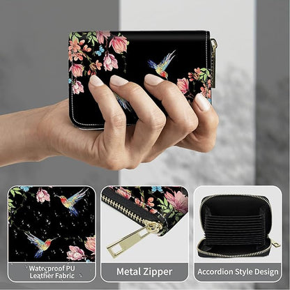BWEGRHE Cute Credit Card Holder with Zipper, Hummingbird Floral Sakura RFID-Blocking Card Case Small Wallet for Women Men, Multi-slot Card Organizer Case Travel Accordion Wallet