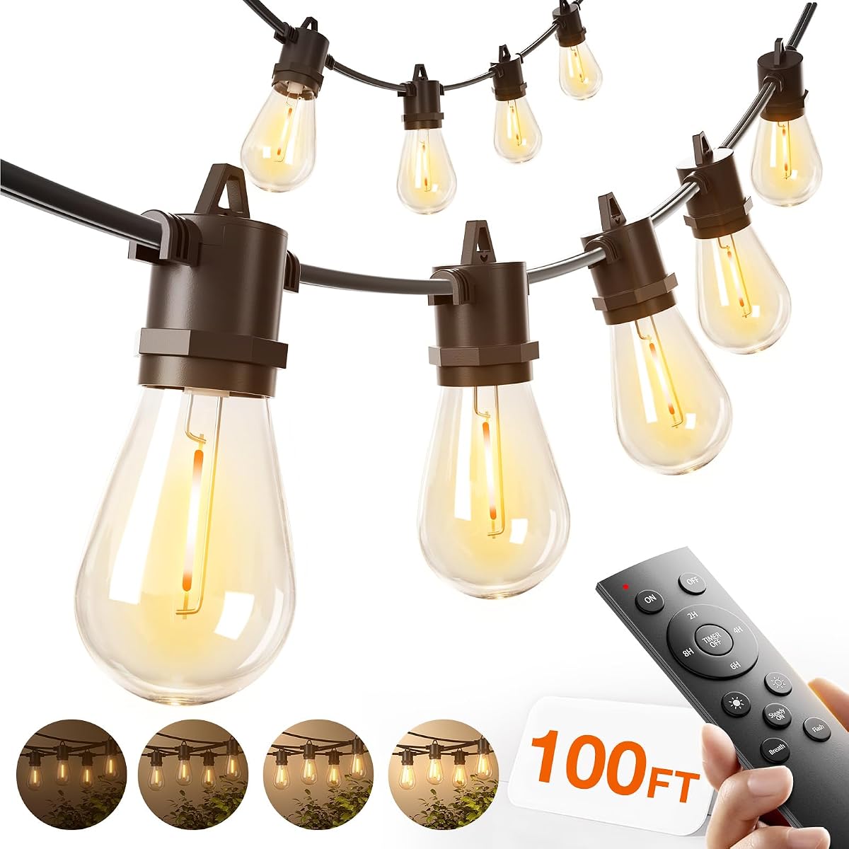 100FT LED Outdoor String Lights, Remote Dimmable Patio Lights with Timer & 3 Lighting Modes, 32 Shatterproof Edison Bulbs, Waterproof Connectable String Lights for Outside Backyard Porch Party
