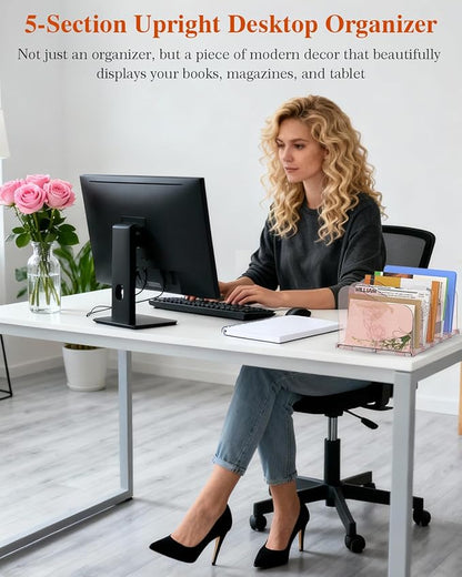 COWVTUJ Adjustable Rose File Organizer for Desk, Vertical File Folder Holders for Magazines, Upright Desktop Binder Organizer, Clear Paper Bookshelf Divider File Sorter for School Office Supplies