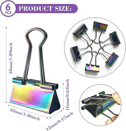 1.25 Inch Rainbow Binder Clips, Medium Paper Clamps for Home Office, 6 Pack | 6 Pcs, Rainbow Paper Clamps, Colorful Binder Clips, for Office Use, Organize Files, Folders, and Documents