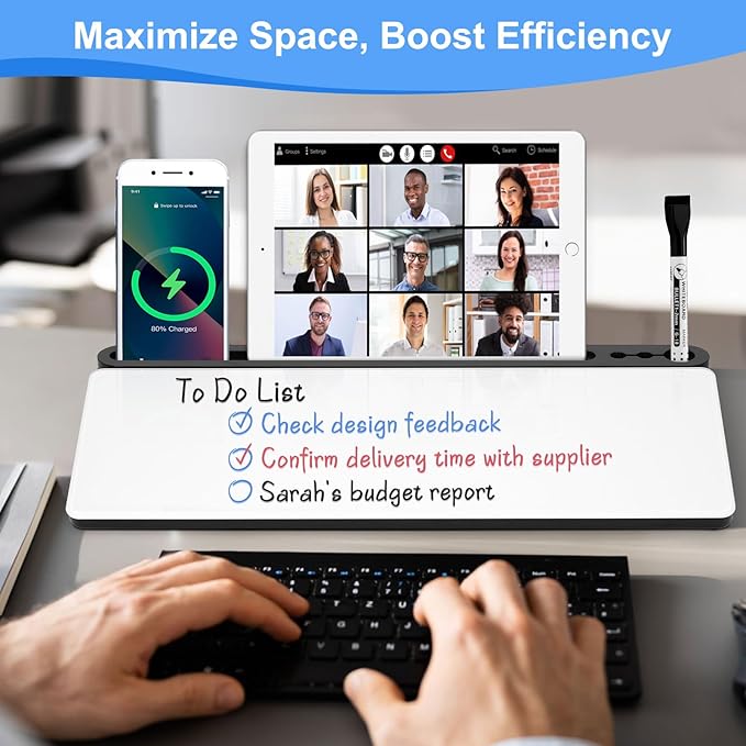 Desktop Glass Whiteboard with Storage, Desk White Board with Computer Keyboard Stand, White Dry Erase Board with Drawers for Home, School, Office Desk Organizers and Accessories