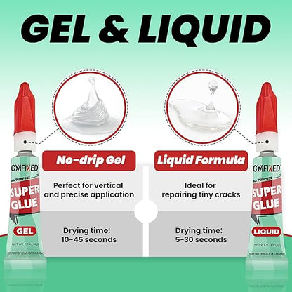 Super Glue Gel & Liquid, Clear Ca Glue Multipack All Purpose Repair Ceramic Plastic Glass Metal Pottery, Single Use Strong Cyanoacrylate Adhesive for Bonding Wood Shoes Crafts Model Aquarium Instant