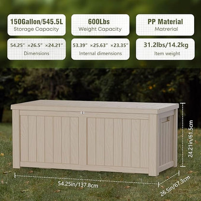 Yardgrace Heavy-Duty 150 Gallon Waterproof Deck Storage Boxes for Outdoor - Patio Deck Box & Pool Storage Organizer, Lockable Resin Chest for Cushions & Tools, UV-Resistant, Slate Grey