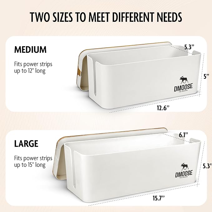 DMoose Cable Management Box - 2 Pack Medium & Large Cord Organizer for Desk & Floor, Cable Organizer Box for Child & Pet - Cable Box Hider for Tidy Office & Home (Wood Print Lid, White Box, Pack of 2)