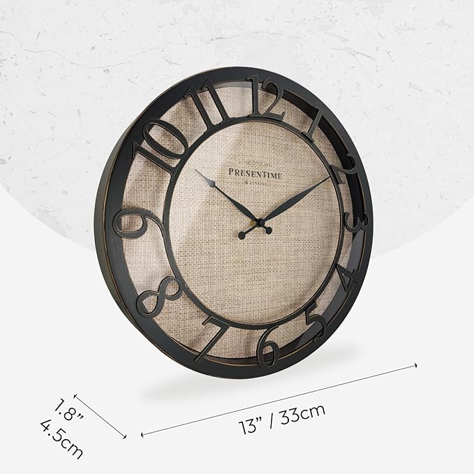 Presentime & Co 13" Farmhouse Series Wall Clock, Cottage Style, Faux Burlap Design, Silent No Ticking, Oil Rubbed Antique Bronze Finish