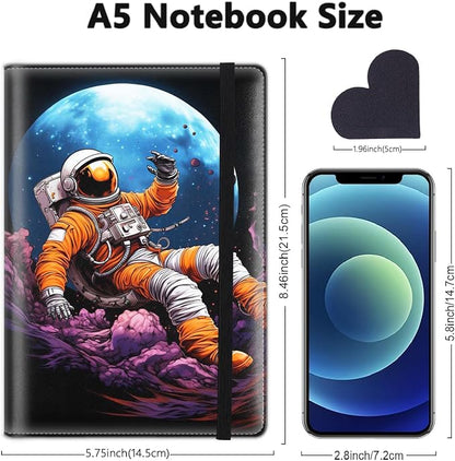 A5 Leather Lined Journal Notebook, 200 Pages Hardcover Executive Notebook for Men Women Office School Note Taking, Thick Writing Paper Daily Journal with Bookmarks/Indexes, Psychedelic Astronaut