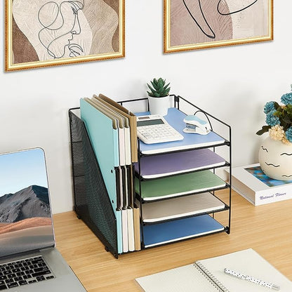 LEKETREE Desk Organizers and Accessories, 5-Tier Paper Letter Tray Organizer with File Holder, Desktop Organizer for Office Supplies (Black)