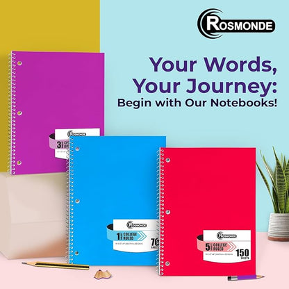 Rosmonde Spiral Notebook, 24 Pack, 1 Subject, College Ruled, 70 Sheets, 8 x 10-1/2",Bulk College Ruled Spiral Notebook for School, 3 Hole Punched, Single Subject Notebook Bulk, Assorted Colors