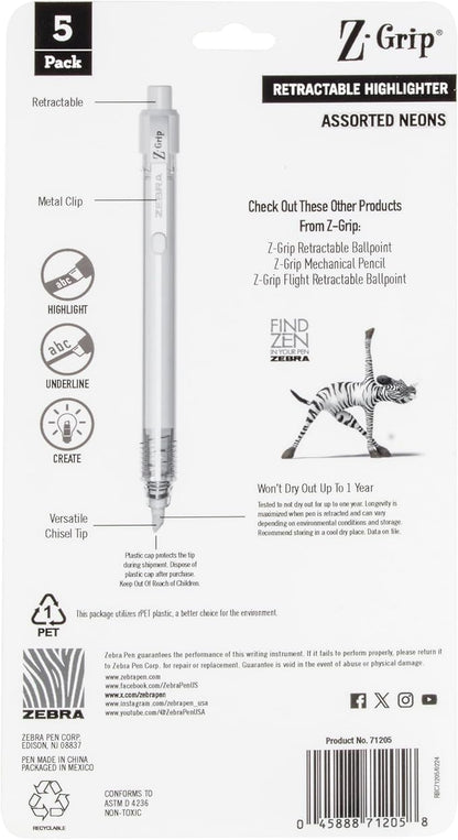 Zebra Pen Z-Grip Retractable Highlighter, Assorted, Chisel Tip, 5-Pack | Metal Clip, Ideal for School, Office and Teacher Supplies, Note-Taking, Studying, and Planners, Transparent Barrel (71205)