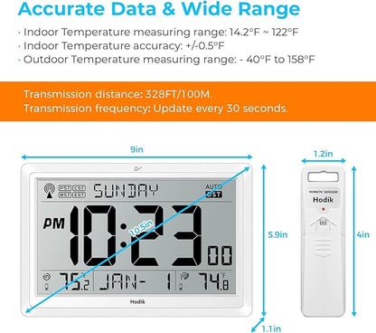 Wall Clock Atomic with Indoor Outdoor Temperature Battery Powered, Easy Reading with 10.5 Inch Large LCD Display, 330FT Range Table Wall Clock with DST, 12/24 Hour for Living Room Kitchen (White)