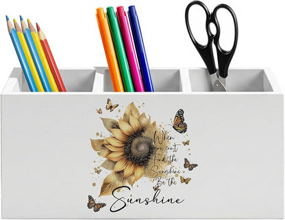 Inspirational Golden Sunflower Pen Holder for Home Office Desk, When You Can't Find the Sunshine Be the Sunshine Motivational Wooden Box Sign Pencil Holder for Desk Shelf Organizer