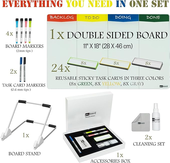 Double Sided Desktop WhiteBoard Kanban Set with Stand.18 x11,Dry Erase Glass Board, 24 Reusable Task Cards, 6 Markers, Accessories. Portable Project Management Planning Productivity WhiteBoard Kit