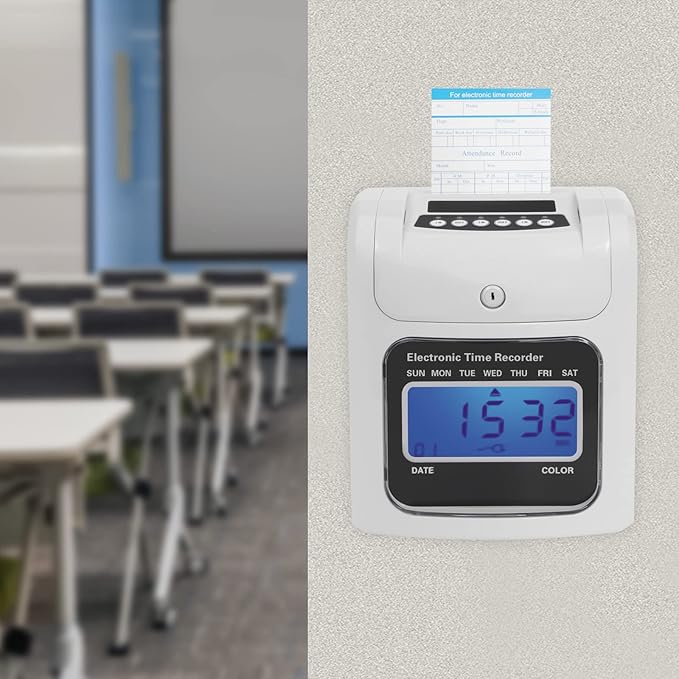 GXFCHYL Electronic Time Clock Calculating Time Clock Punch Machine Employee Attendance Punch Time Clock with 50-Piece time Cards and One Security Keys,Auto-Align Time Clocks for Small Business