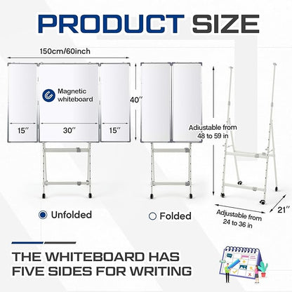 40" x 60" Rolling Whiteboard Foldable Dry Erase Board with Stand, Large Tri Folding Whiteboard Magnetic Dry Erase Board, Wall Aluminium Frame and Pen Tray for Education Office Home
