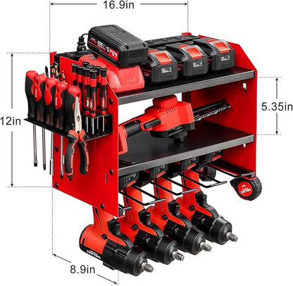 Power Tool Organizer Wall Mount with Charging Station, Heavy Duty 3 Layer Garage Tool Storage with 4 Cordless Drill Holder and 8 Outlet Power Strip, Gift for Men Husband Dad Birthday Anniversary red