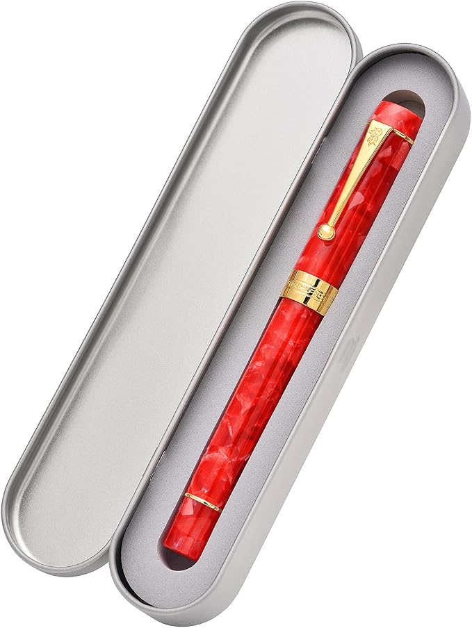 Jinhao 100 Fountain Pen Celluloid Classic Style, #6 Nib Smooth Writing Instrument with Refillable Converter and Pen Case Set