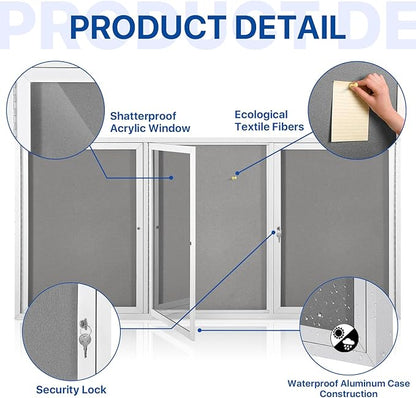 SWANCROWN Outdoor Bulletin Board 94x48in, Enclosed Bulletin Board with Locking Door for Office School Commerce, Grey Felt, Sliver Aluminum Frame