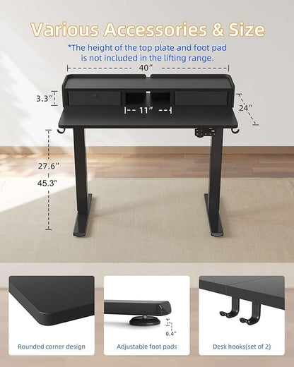 YIHAYO Electric Standing Desk with Drawers, 40 x 24 Inches Adjustable Desk with Storage Shelf, Stand Up Desk with Splice Board, Computer Desk for Home Office, Black Frame/Black Top