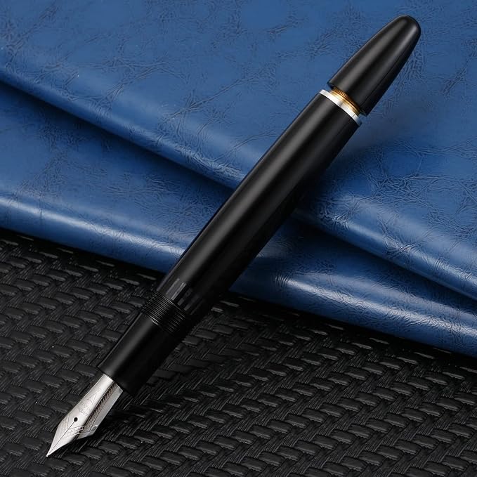 erofa Majohn P136 Piston Fountain Pen Medium Nib with Box, Black Resin Writing Pen Set