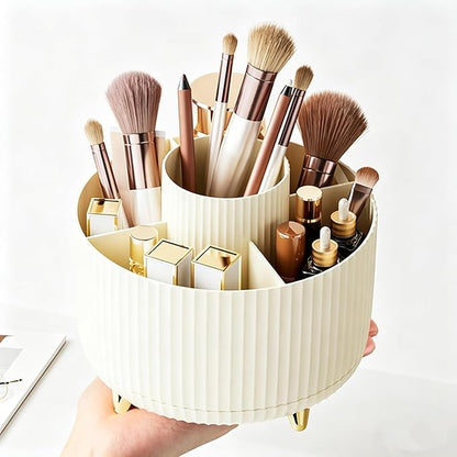 360 Degree Rotating Makeup Brush Holder Organizer Detachable Design 5 Slot Make up Brushes Cup for Cosmetics and Pencil Pen Organizer for Desk Makeup Organizer Skincare Storage for Vanity（Cream）